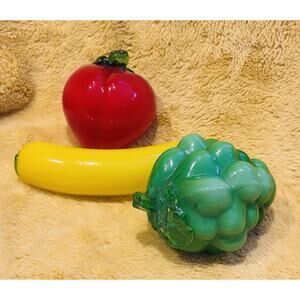 Murano style hand blown art glass fruit Yellow Banana Green Grapes Red Apple Vtg